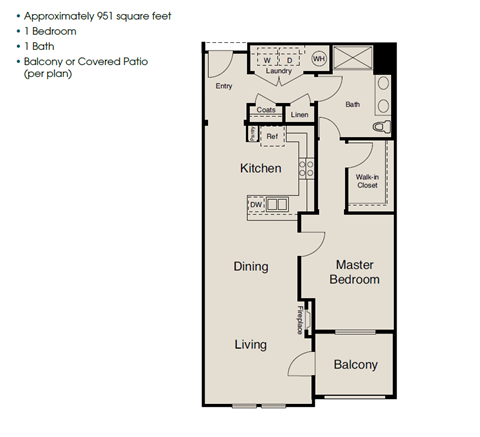 Floor plan for 1 bed, 1 bath, 951 sqft