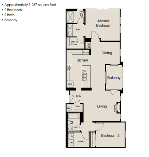 Floor plan for 2 beds, 2 baths, 1235 sqft