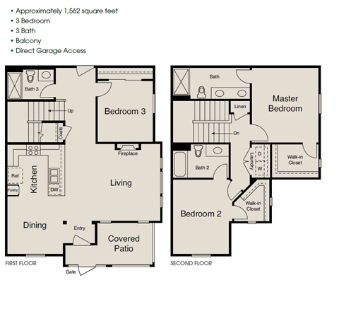 Floor plan for 3 beds, 3 baths, 1562 sqft