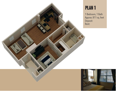 Floor plan for 1 bed, 1 bath, 811 sqft
