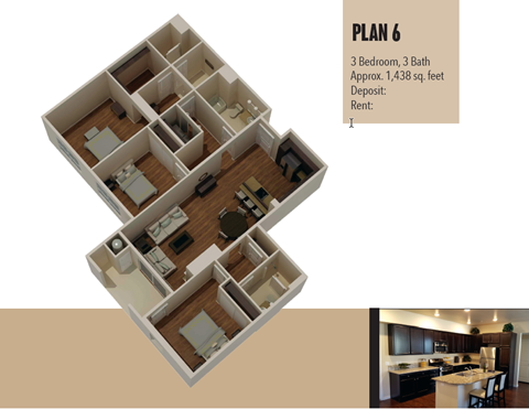 Floor plan for 3 beds, 3 baths, 1438 sqft