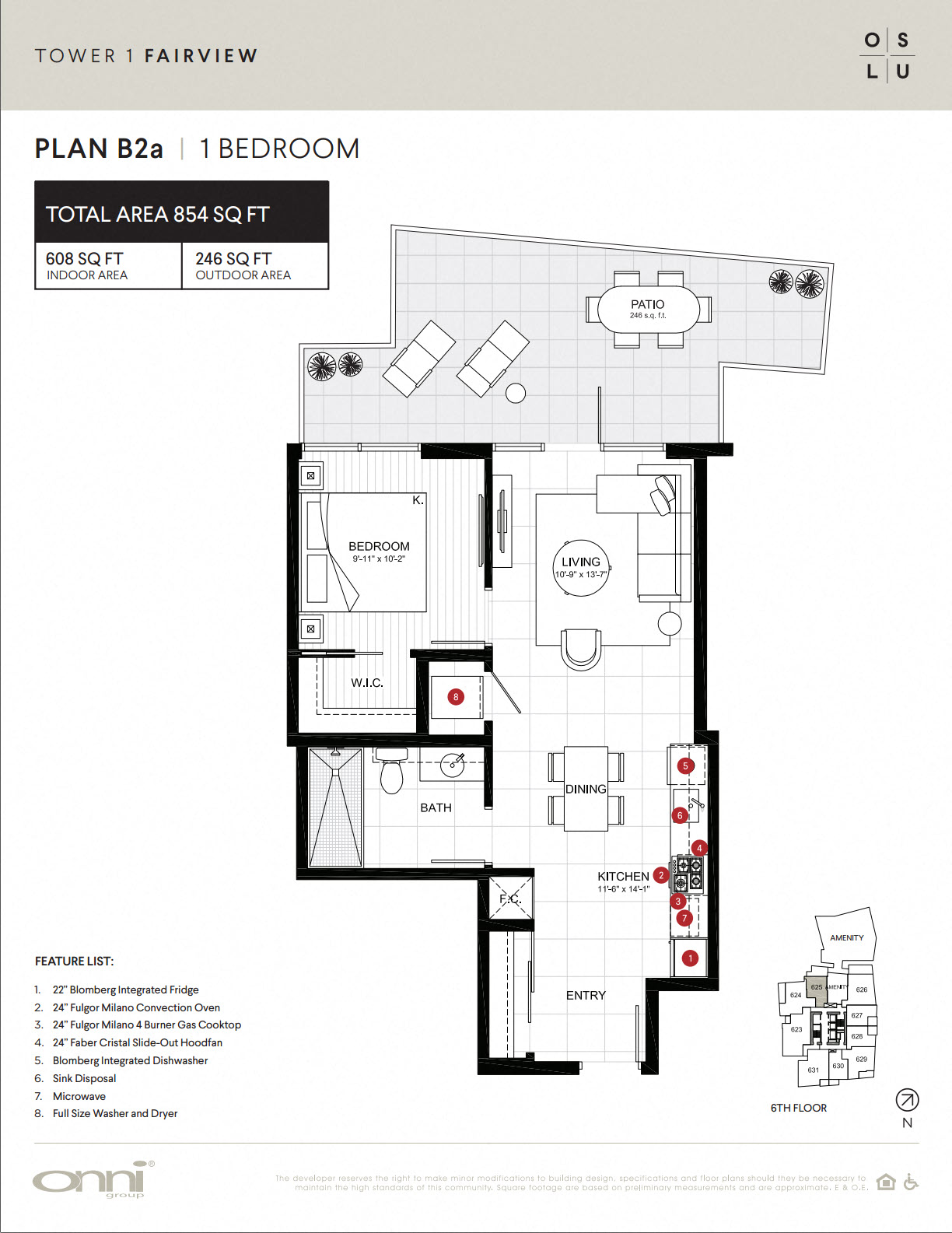 Floor plan for 1 bed, 1 bath, 608 sqft