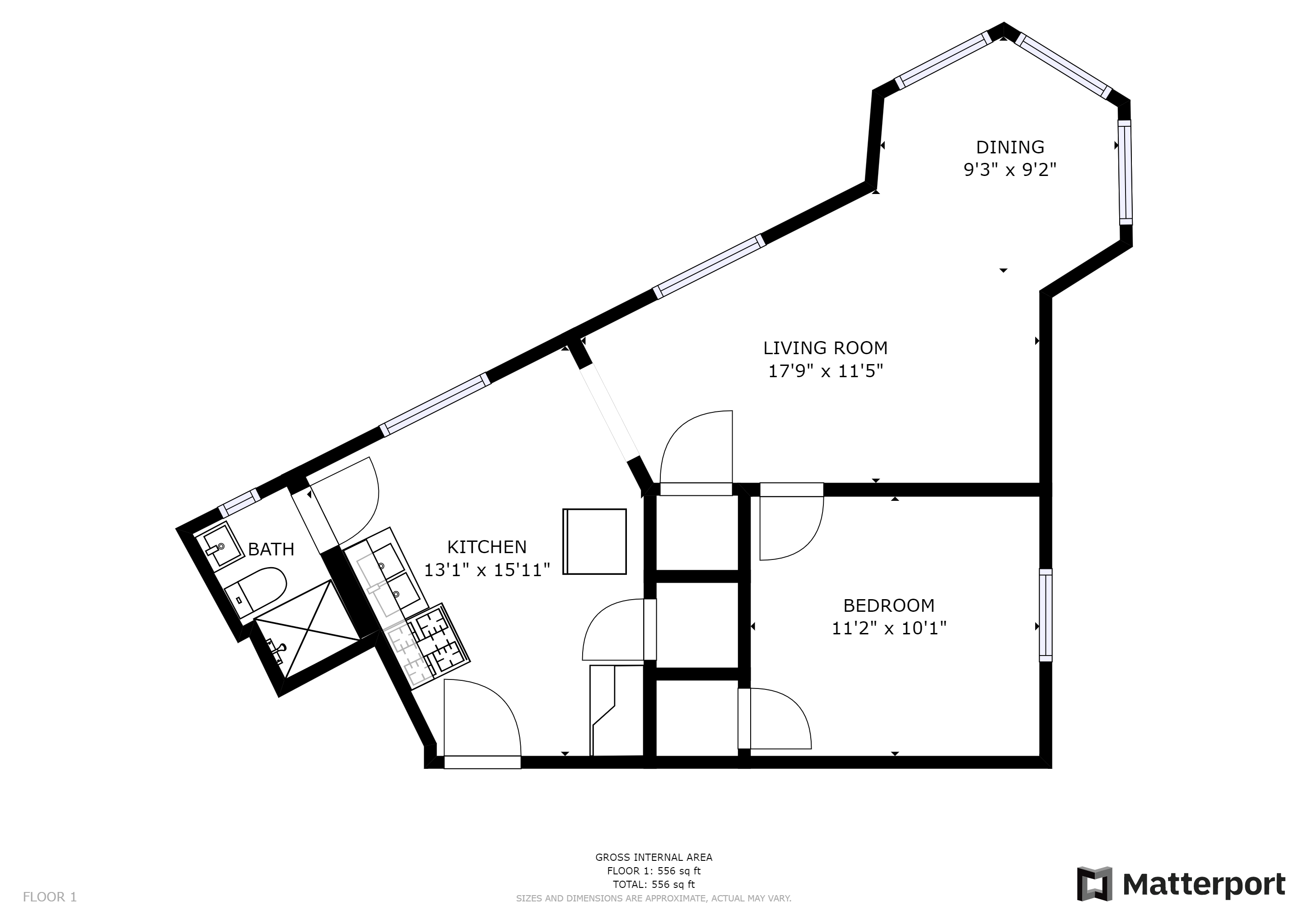 Floor plan for 1 bed, 1 bath