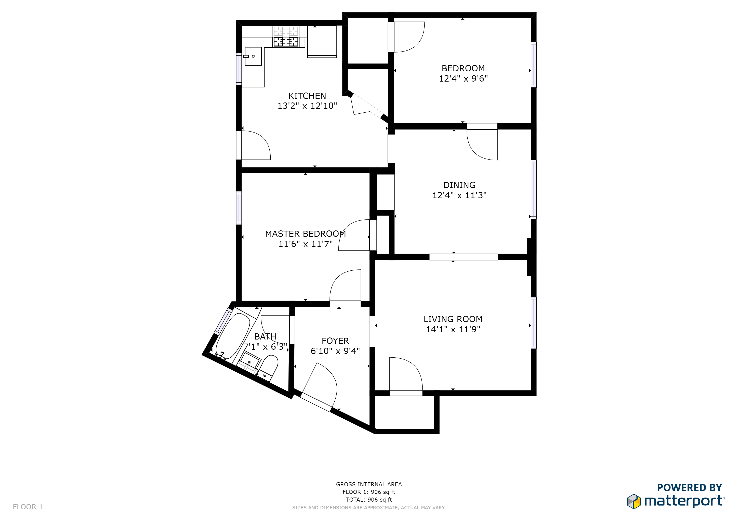 Floor plan for 2 beds, 1 bath, 906 sqft