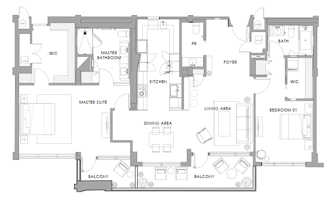 Floor plan for 2 beds, 2 baths, 1800 sqft