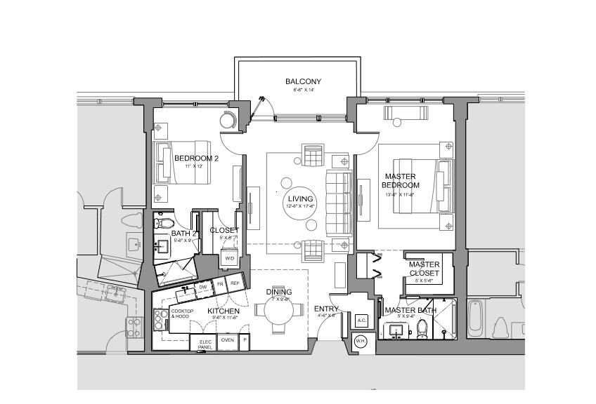 Floor plan for 2 beds, 2 baths, 1200 sqft