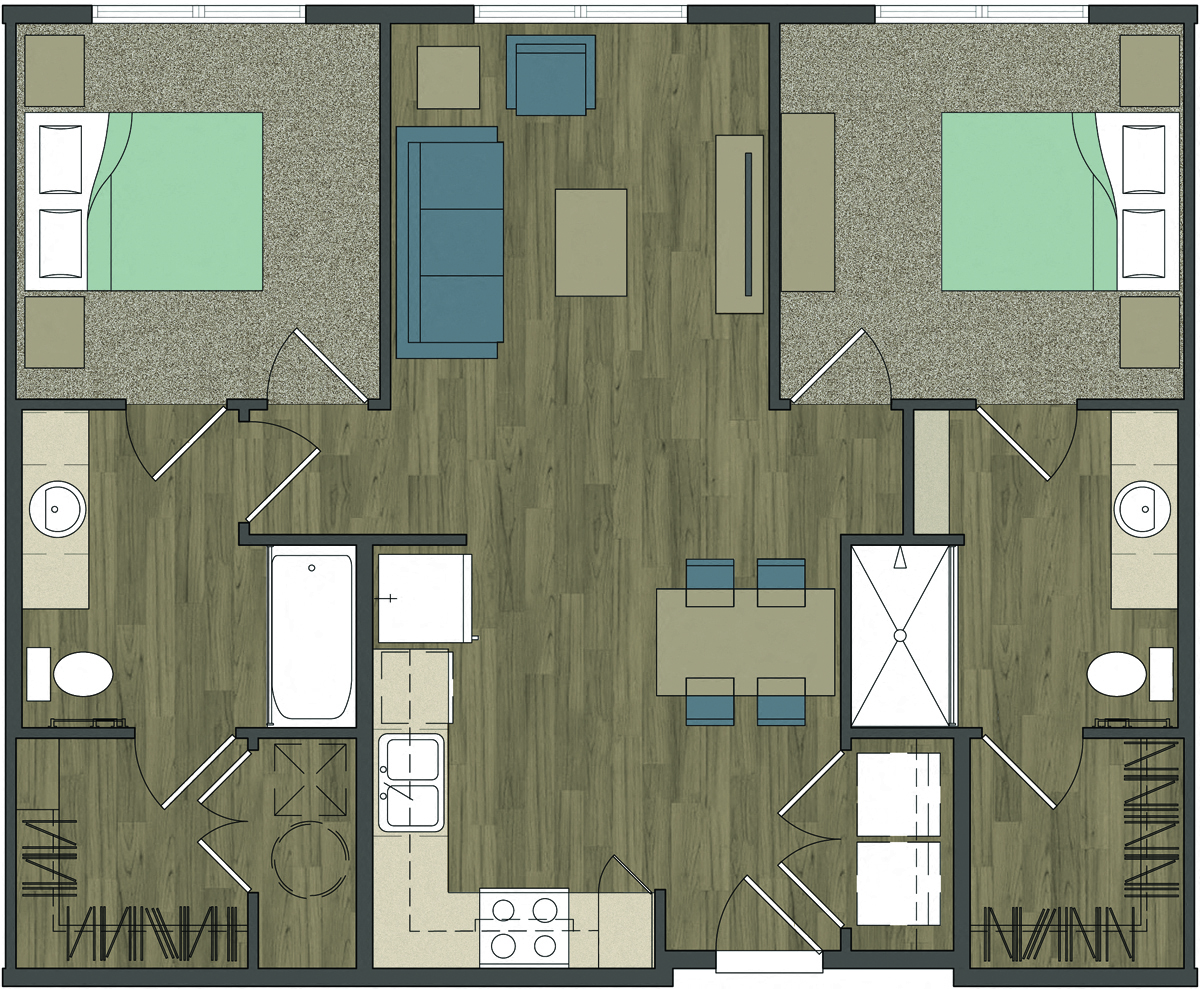 Floor plan for 2 beds, 2 baths, 917 sqft