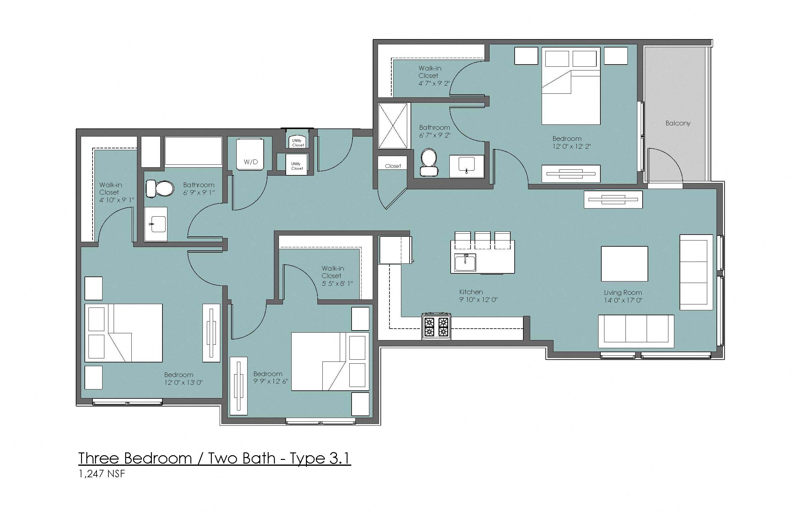 Floor plan for 3 beds, 2 baths, 1247 sqft
