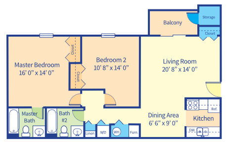 Floor plan for 2 beds, 2 baths, 950 sqft