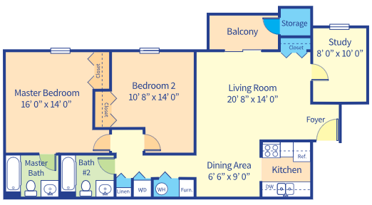 Floor plan for 2 beds, 2 baths, 1030 sqft