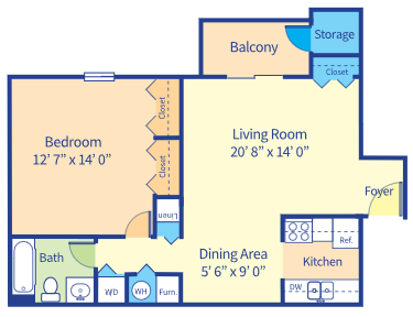 Floor plan for 1 bed, 1 bath, 650 sqft