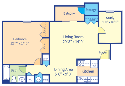 Floor plan for 1 bed, 1 bath, 732 sqft