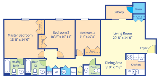 Floor plan for 3 beds, 2.5 baths, 1132 sqft