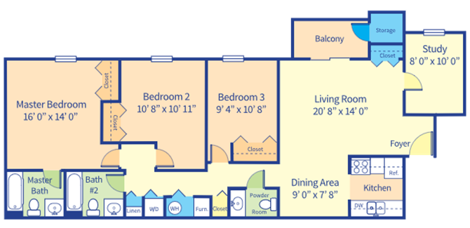 Floor plan for 3 beds, 2.5 baths, 1212 sqft