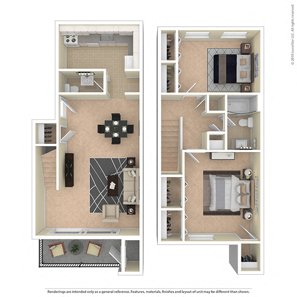 Floor plan for 2 beds, 1.5 baths, 962 sqft