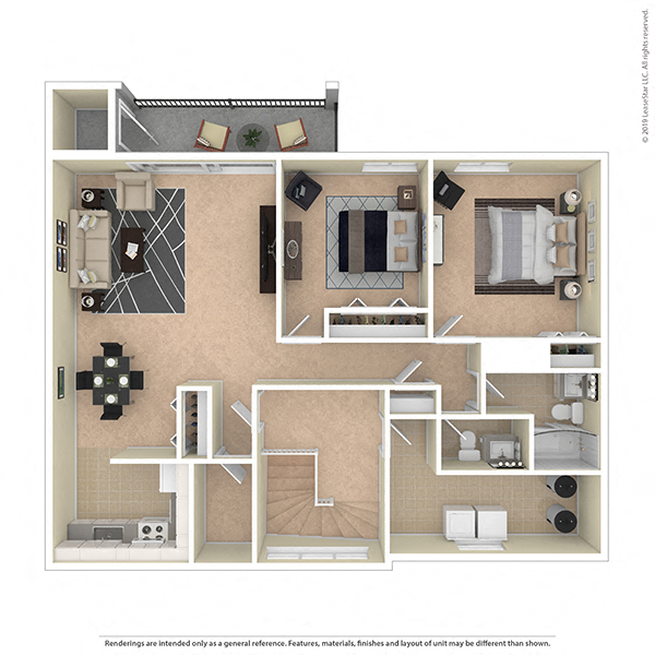 Floor plan for 2 beds, 1.5 baths, 1037 sqft