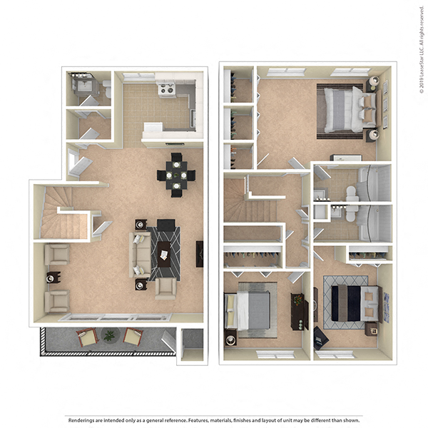 Floor plan for 3 beds, 2.5 baths, 1319 sqft