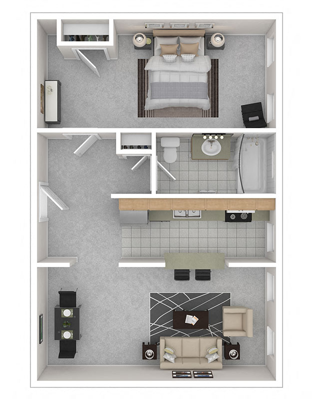 Floor plan for 1 bed, 1 bath, 650 sqft