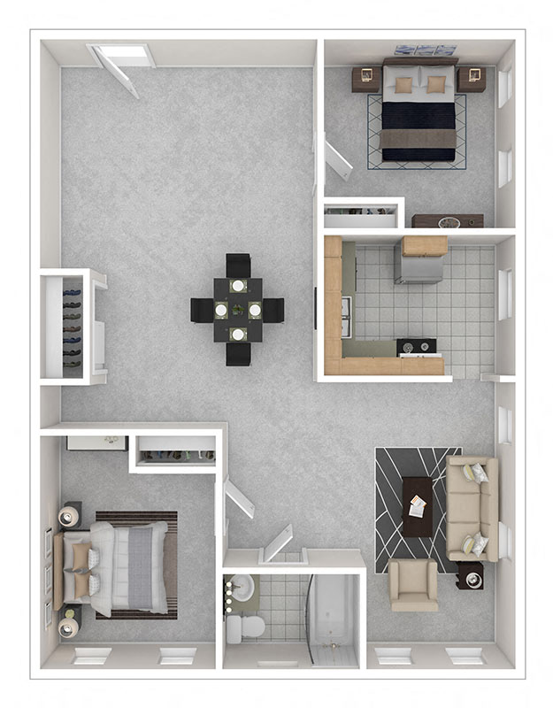 Floor plan for 2 beds, 1 bath, 875 sqft
