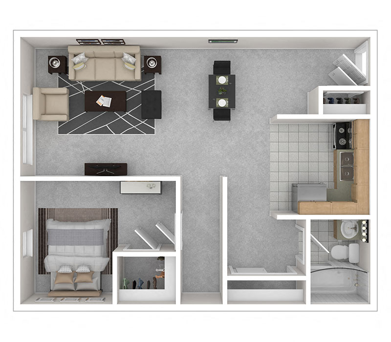 Floor plan for 1 bed, 1 bath, 600 sqft