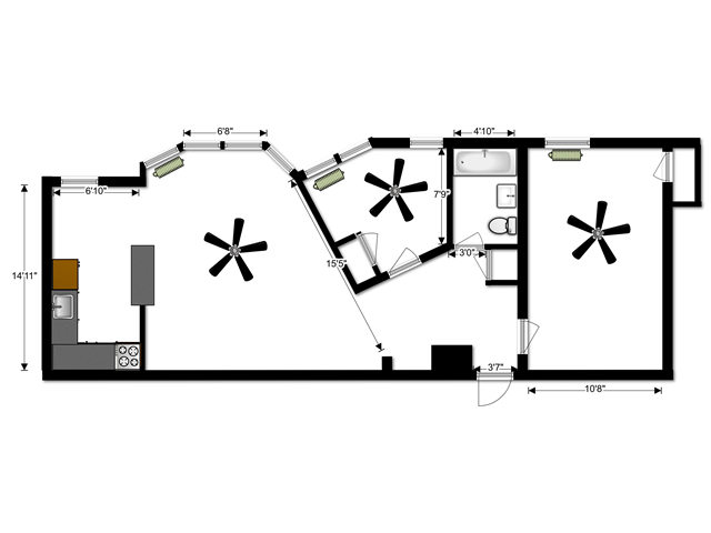 Floor plan for 2 beds, 1 bath, 800 sqft