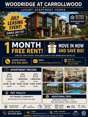 Tampa apartment for rent - A promotional poster for Woodridge at Carrollwood, advertising a leasing event with a free month of rent.