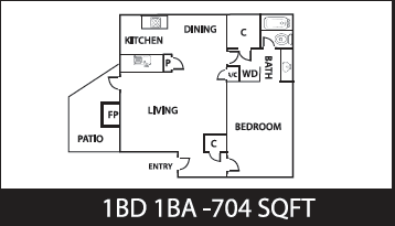 Floor plan for 1 bed, 1 bath, 704 sqft