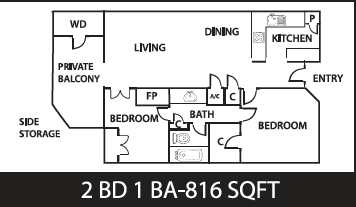 Floor plan for 2 beds, 1 bath, 816 sqft