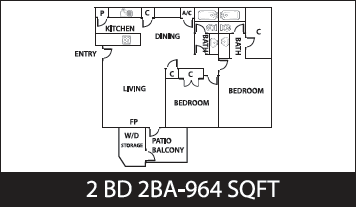 Floor plan for 2 beds, 2 baths, 964 sqft