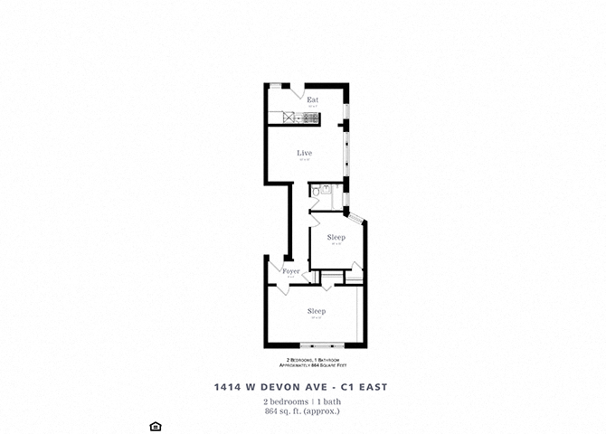 Floor plan for 2 beds, 1 bath, 858 sqft