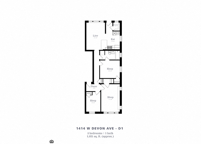 Floor plan for 3 beds, 1 bath, 1051 sqft
