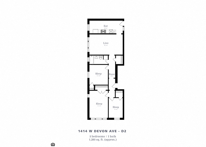 Floor plan for 3 beds, 1 bath, 1200 sqft