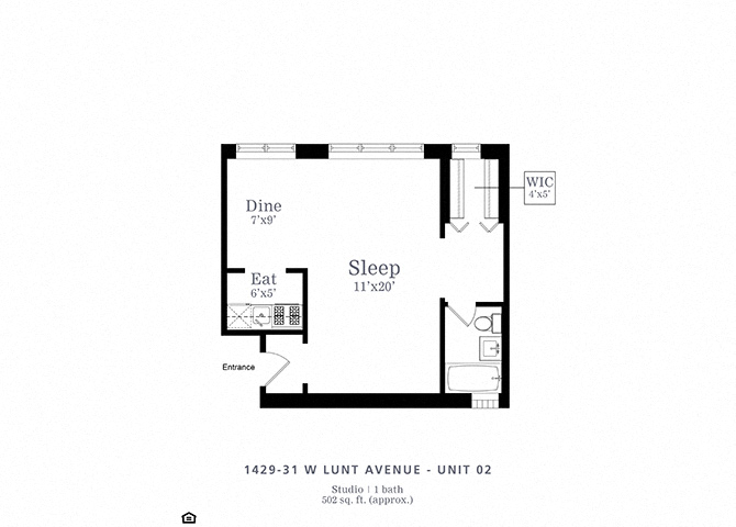 Floor plan for studio, 1 bath, 700 sqft