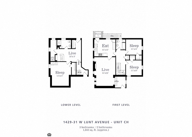 Floor plan for 3 beds, 2 baths, 1200 sqft