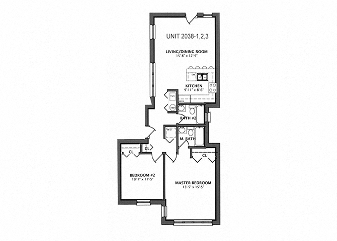 Floor plan for 2 beds, 2 baths, 630 sqft