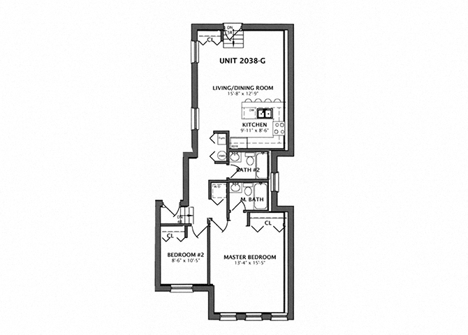 Floor plan for 2 beds, 2 baths, 615 sqft