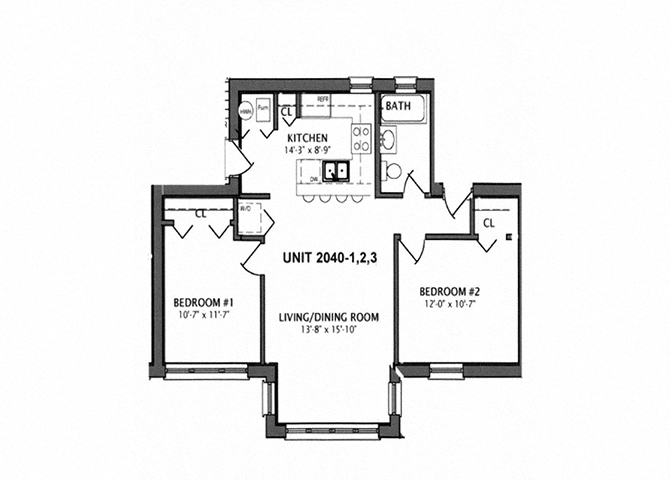 Floor plan for 2 beds, 1 bath, 411 sqft