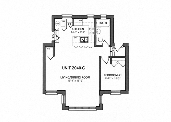 Floor plan for 1 bed, 1 bath, 615 sqft