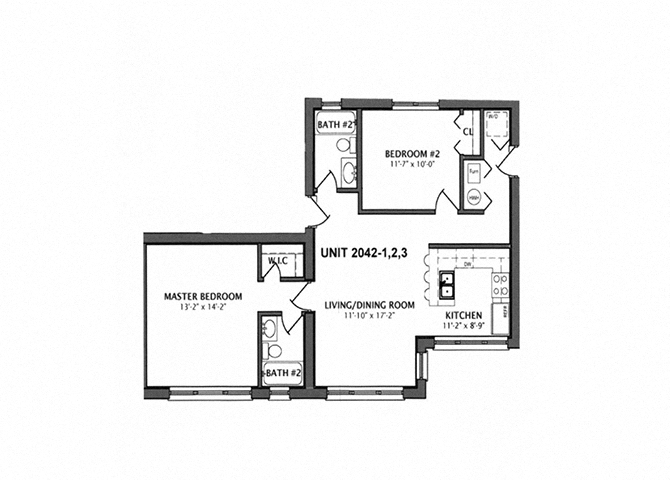 Floor plan for 2 beds, 2 baths, 630 sqft