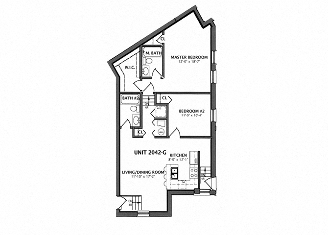 Floor plan for 3 beds, 2 baths, 645 sqft