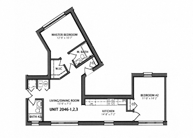 Floor plan for 2 beds, 2 baths, 515 sqft