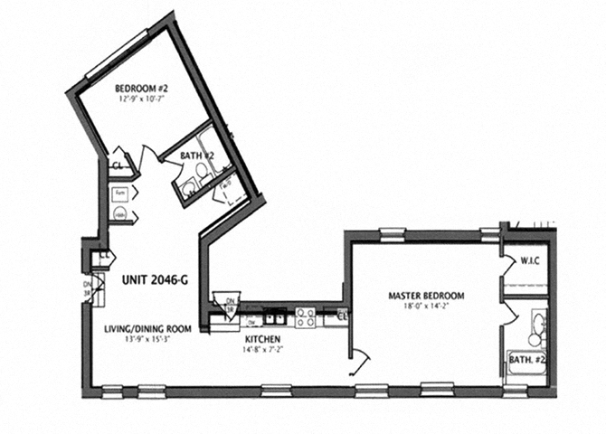 Floor plan for 2 beds, 2 baths, 860 sqft