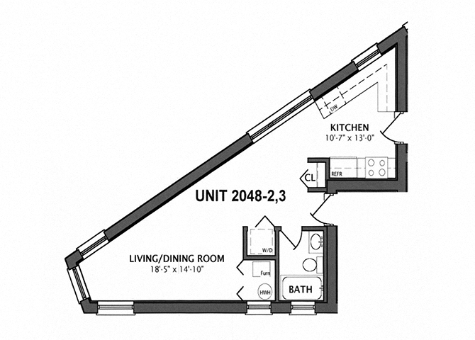 Floor plan for studio, 1 bath, 410 sqft