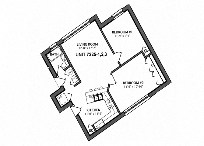 Floor plan for 2 beds, 1 bath, 555 sqft