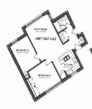Floor plan for 2 beds, 1 bath, 623 sqft