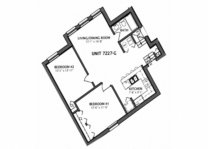 Floor plan for 2 beds, 1 bath, 600 sqft