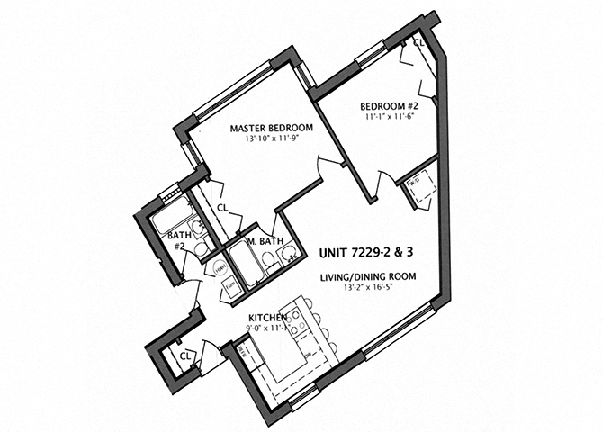 Floor plan for 2 beds, 2 baths, 630 sqft