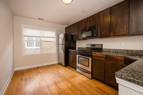 Chicago apartment for rent - a kitchen with wooden cabinets and stainless steel appliances