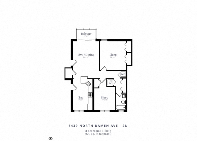 Floor plan for 2 beds, 1 bath, 1000 sqft