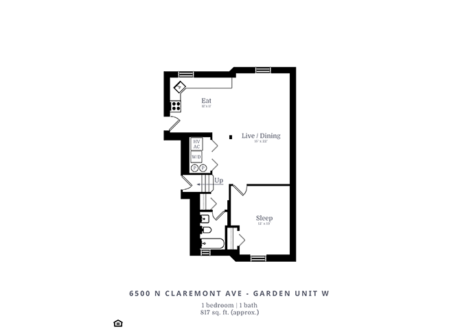 Floor plan for 1 bed, 1 bath, 750 sqft